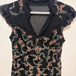 Guess Black Floral-Print Ruffled Cap-Sleeve Camisole